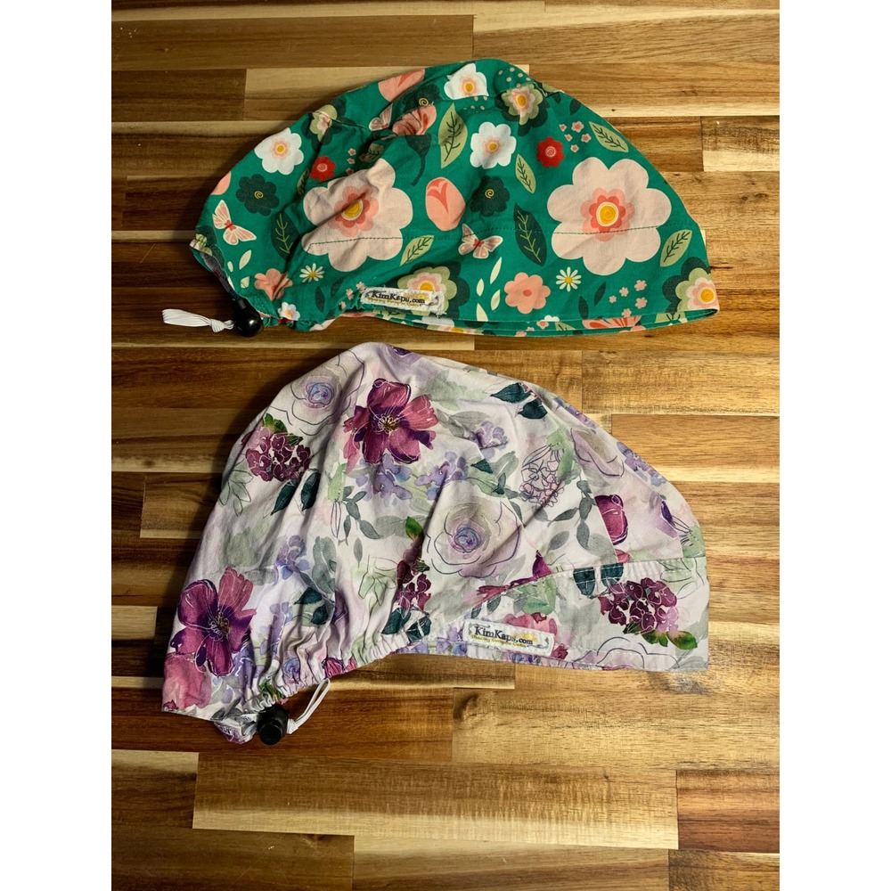 NWT KimKaps Floral Scrub Cap Bundle Set of 2 Adjustable Bouffant Retro Cottage
